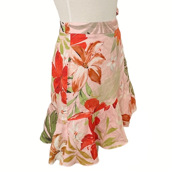 Zara Linen Wrap Mini Skirt Ruffle Tropical Palm Floral Lily Pink S - Picture 4 of 7
